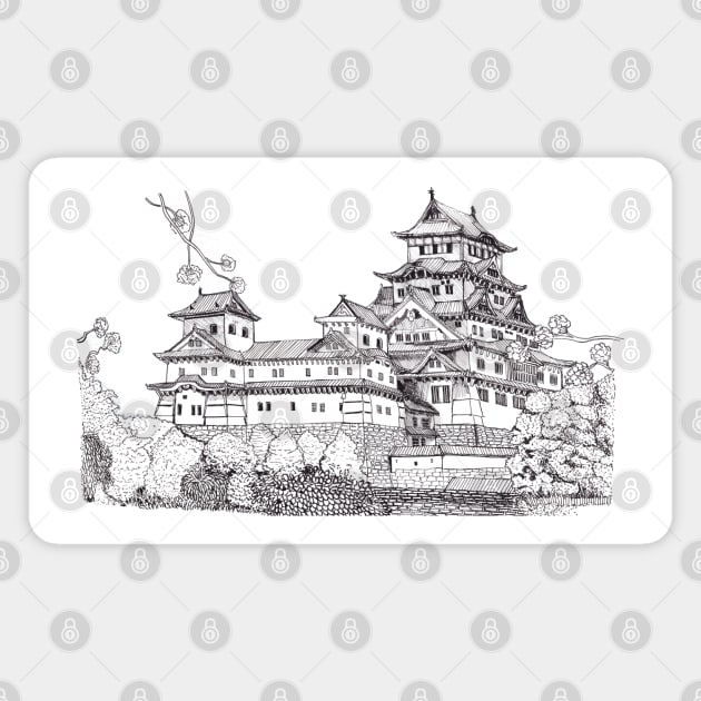 Osaka Castle Japan Pen and Ink Illustration Magnet by Wall-Art-Sketch